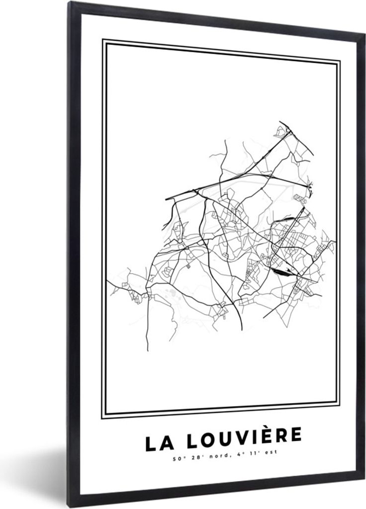 MuchoWow Gerahmtes Poster Karte - Stadtplan - La Louvière - Belgien - Schwarz und weiß 20x30 cm - Poster mit Schwarzem Bilderrahmen Wandposter ...
