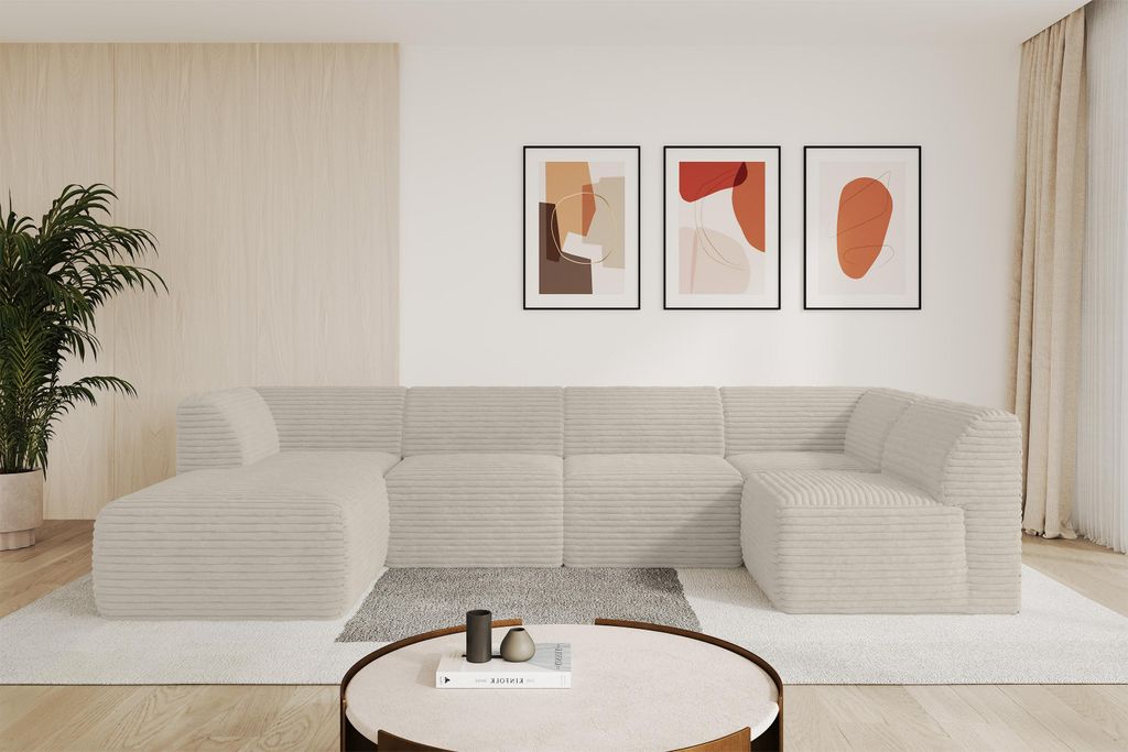 ALTDECOR Ecksofa Wohnlandschaft MOVO-L 345x180x78 cm - Creme Cord Corner Sofa Eckcouch Couch U-Form, Links angeordnet Ausziehbar