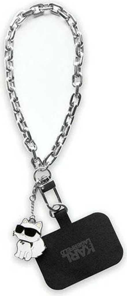 A Karl Lagerfeld branded phone charm with a Choupette cat charm and a black card holder.