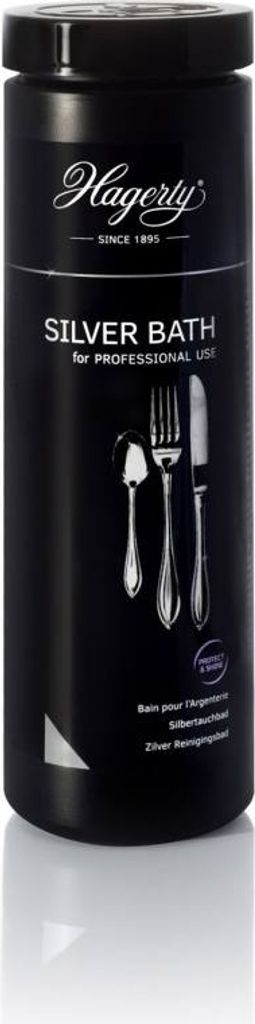 A black cylindrical container for Hagerty Silver Bath cleaner, with images of silverware on it.