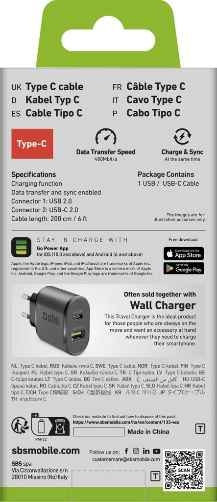 Câble USB-C sbs 2 mètres avec connecteurs renforcés et charge stable
