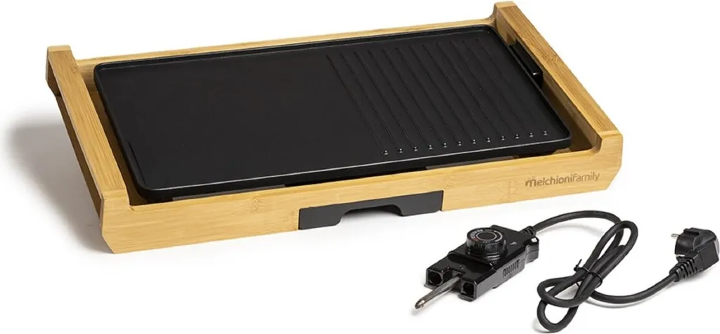 Gril électrique Melchioni 1800W Noir Bambou avec plaques amovibles