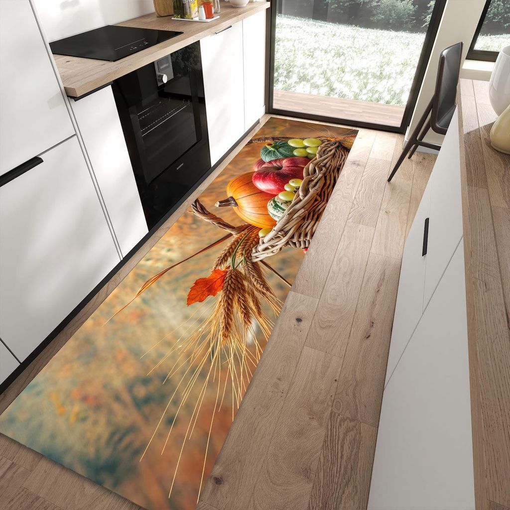 Küchenteppich 80x300cm rutschfest & abwischbar PVC Läufer - Herbstlicher Korb