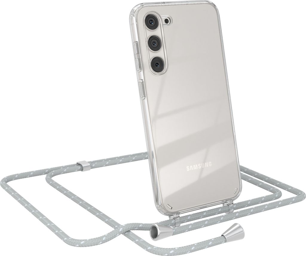EAZY CASE Handykette kompatibel mit Samsung Galaxy S23 Plus, Handyhülle mit Umhängeband, Handykordel, Schutzhülle Clear, Band in Grau