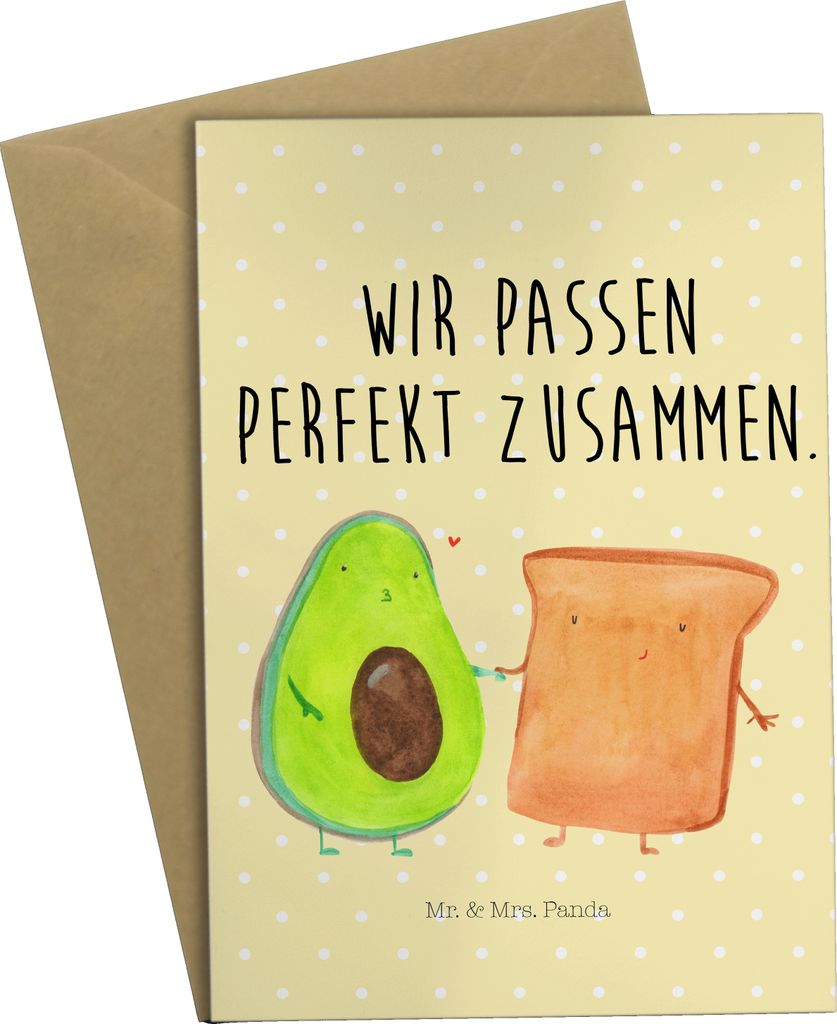 Mr. & Mrs. Panda Grußkarte Avocado Toast - Gelb Pastell - Geschenk, weihnachtskarten, Liebe, Toastbrot, osterkarte, Freund, einladungskarten, Verl...