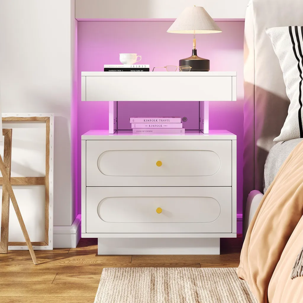 Table de Nuit Blanche à LED avec 2 Tiroirs - Meuble de Chambre Adulte Chic