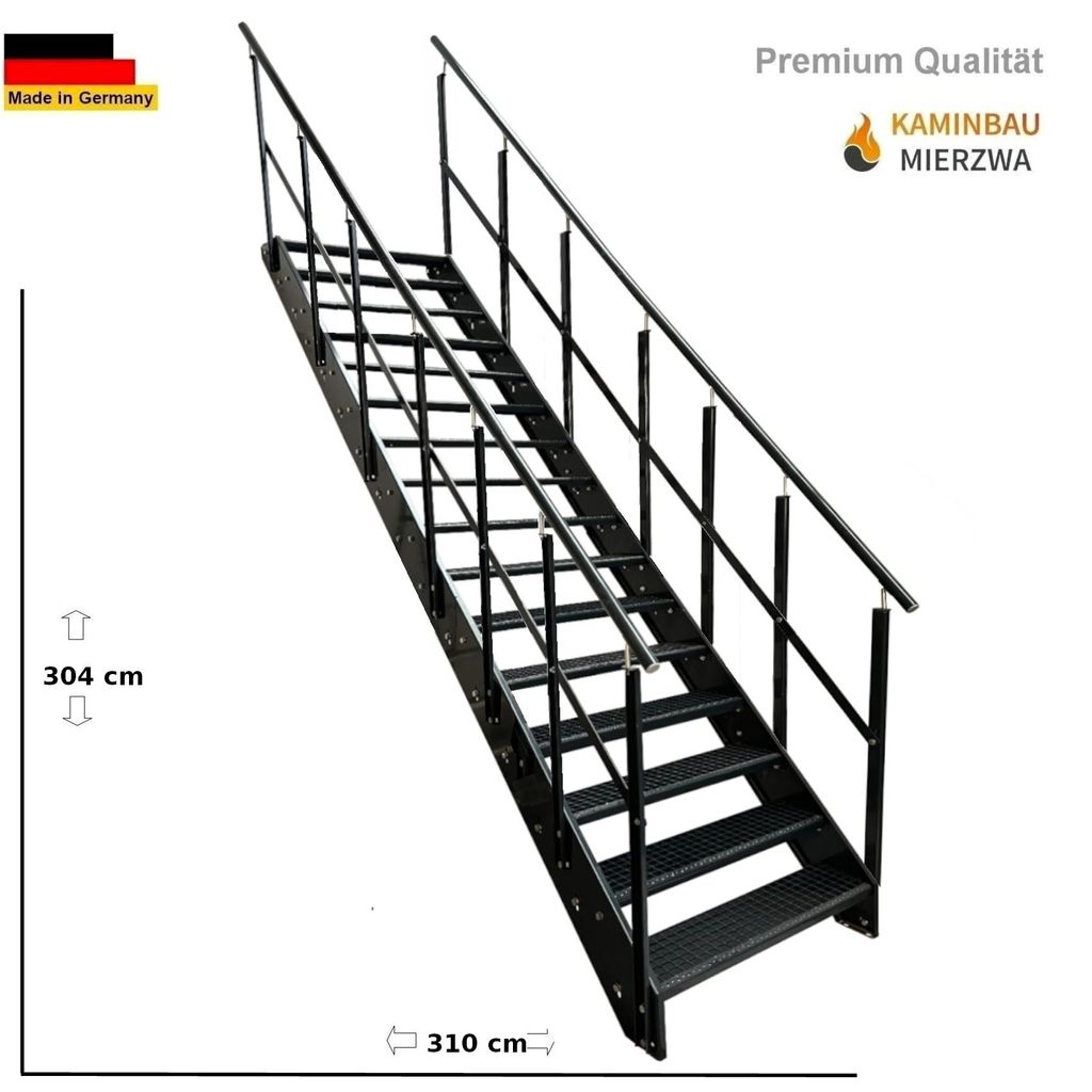 Wangen- Treppe Stahltreppe Gitterroststufen 16 Stufen mit beidseitigem Geländer komplett Anthrazit pulverlackiert (B x H x T) 100 x 304x 310 cm
