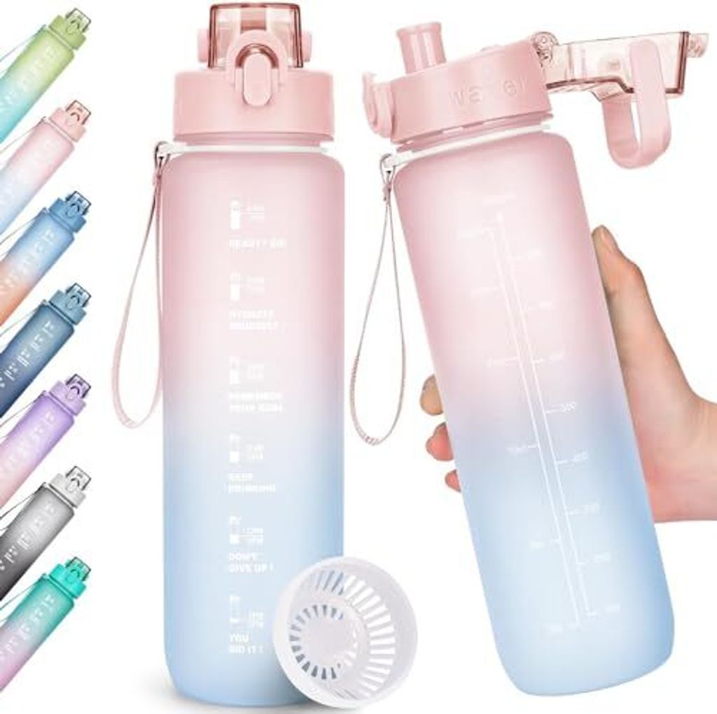 SerenELight 1-Liter-Wasserflasche, sportleckdicht, Flaschenzeitmarking-Fitness, Büro, Schule, Yoga, BPA-frei im Freien