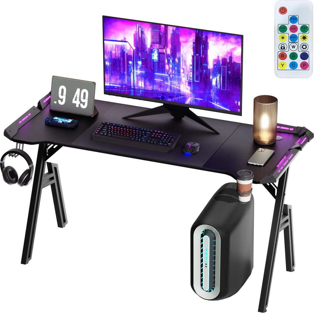 JOIEYOU Gaming Tisch Gaming Schreibtisch mit LED 140x60 cm Computertisch mit Kohlefaseroberfläche Schreibtische Bürotisch PC Tisch mit Kopfhörer...