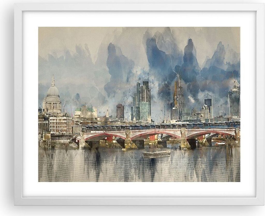 Gerahmtes Poster - Weißer Rahmen - London Aquarell Panorama - 50x40 cm - Wand Bild - Wanddeko - Wandbilder - Kunstposter - Wandposter - Bilderrahm...
