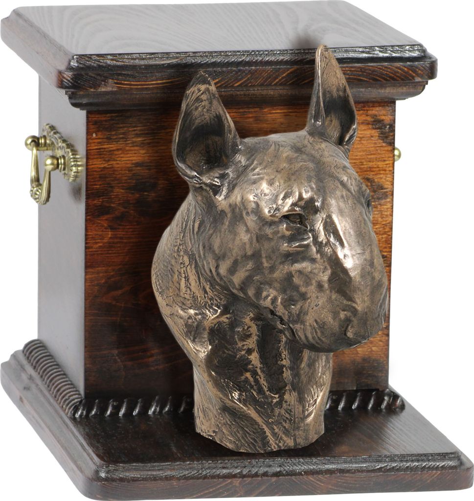 Bull Terrier, Bullterrier IV - Eine Urne für die Asche eines Hundes mit einer Statuette, eine elegante Urne für einen Hund, eine außergewöhnlic...