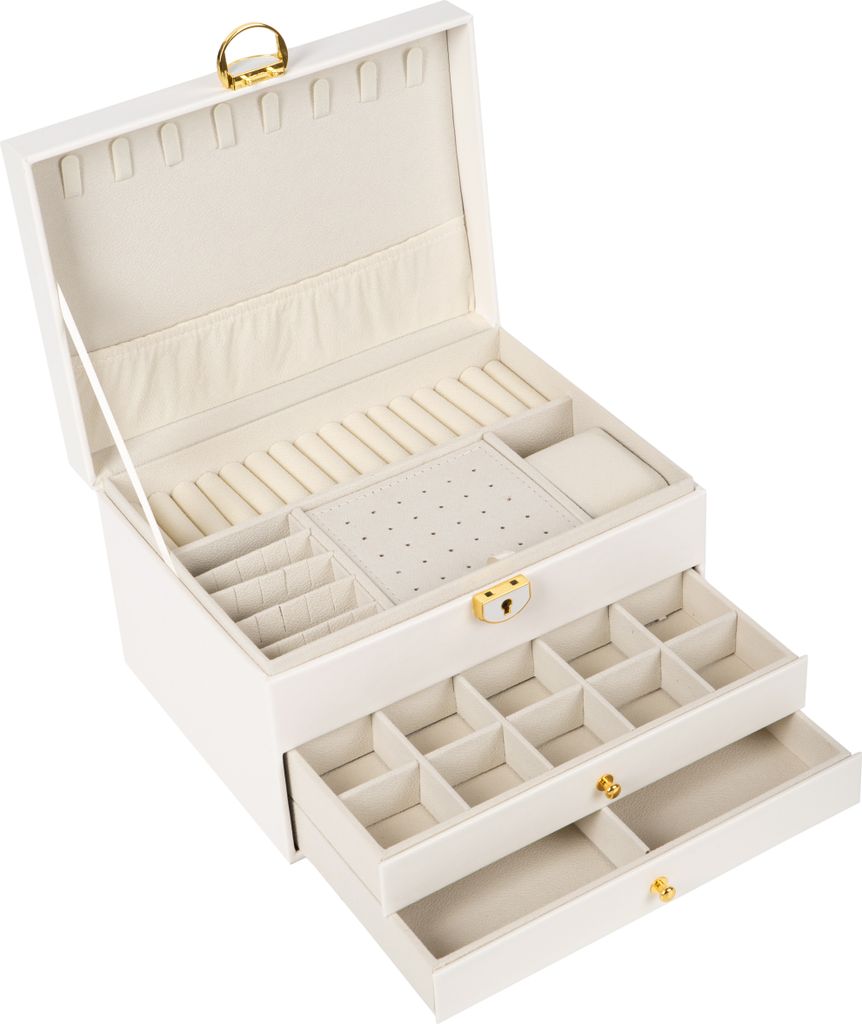 An open white jewelry box with multiple compartments and drawers, displayed against a white background.