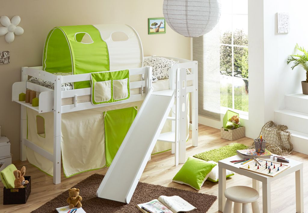 Podestbett mit Rutsche "Tino" Buche Weiß Classic (Beige-Grün)