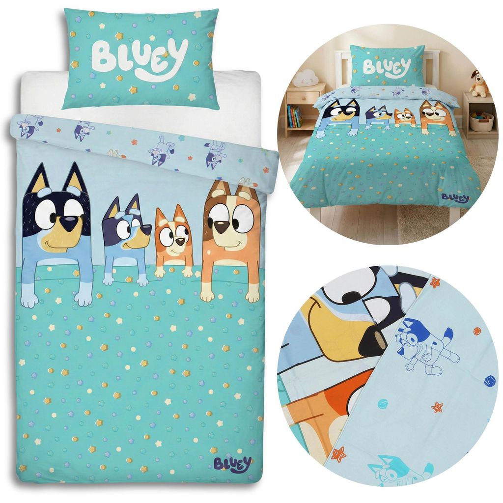 BLUEY Beidseitig verwendbare Kinderbettwäsche mit Reißverschluss, Bettwäscheset aus 100 % Baumwolle, 135 × 200 cm + 74 × 48 cm,