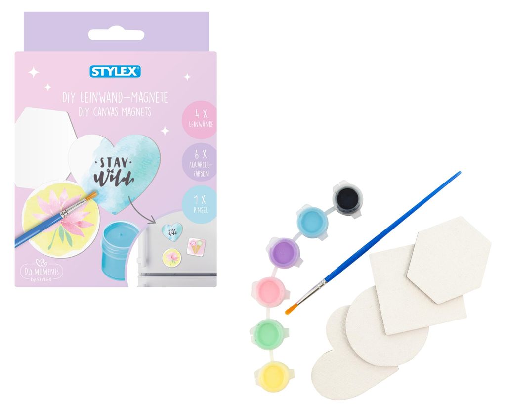 4 DIY Leinwand-Magnete Set mit 6 Aquarellfarben à 5 ml und Pinsel