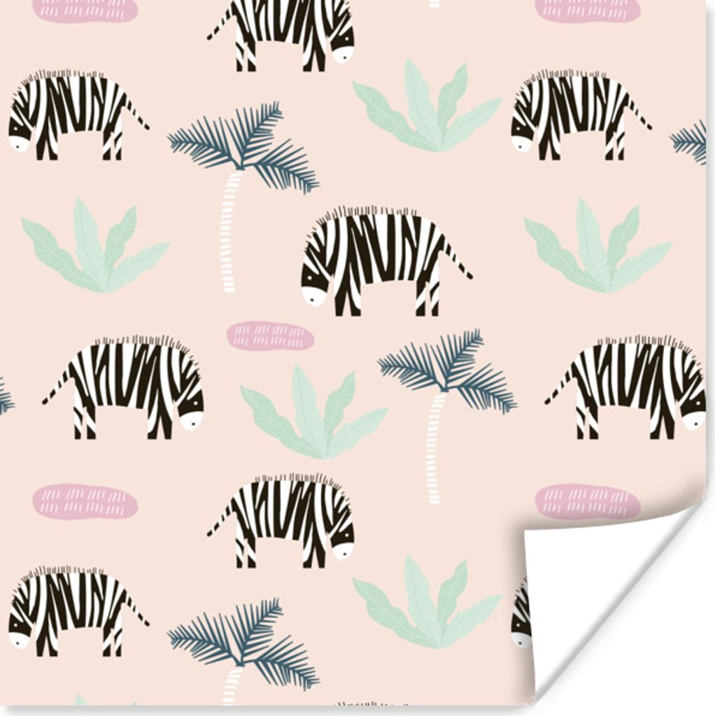 MuchoWow Poster Zebra - Palme - Pastell - Muster 100x100 cm - Babyzimmer