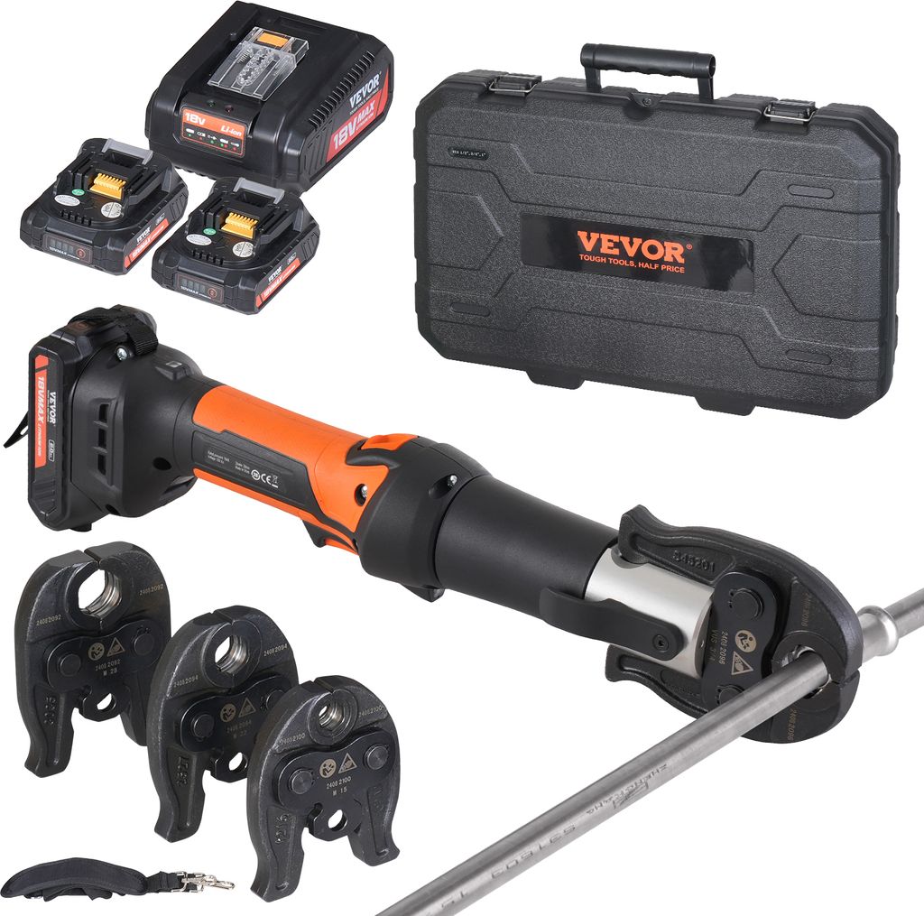 VEVOR Presswerkzeug und Akku-Set, Pro-Presswerkzeug, elektrisches Rohr-Crimpwerkzeug mit M15-, M22-, M28-Backen, Presswerkzeug-Set mit 2 Stück 20-...