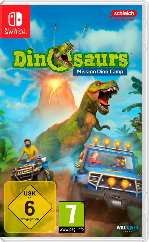 The cover art for the Nintendo Switch game "Dinosaurs: Mission Dino Camp" features a dramatic scene with a Tyrannosaurus Rex and a jeep in a jungle environment with a volcano in the background.