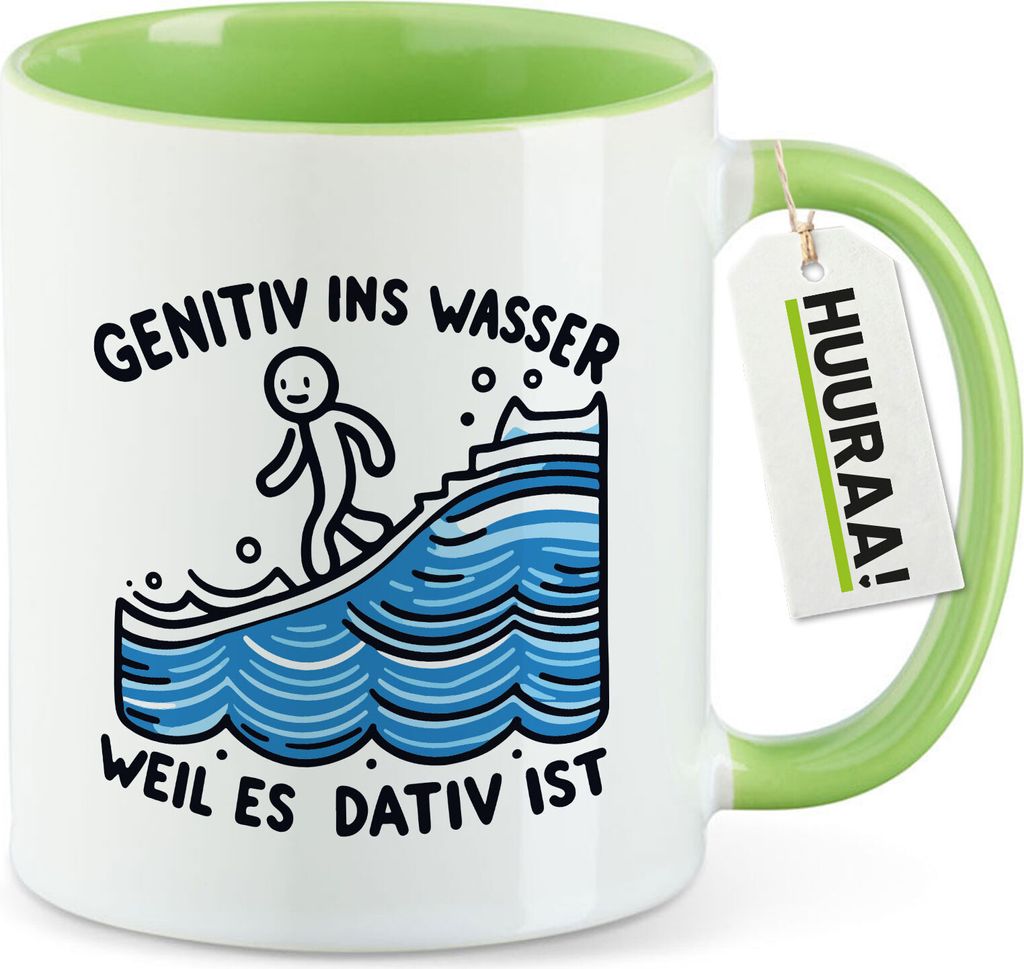 Huuraa Kaffeetasse Genitiv ins Wasser Dativ ist 330ml Grün Keramik Kaffeebecher Geschenkidee