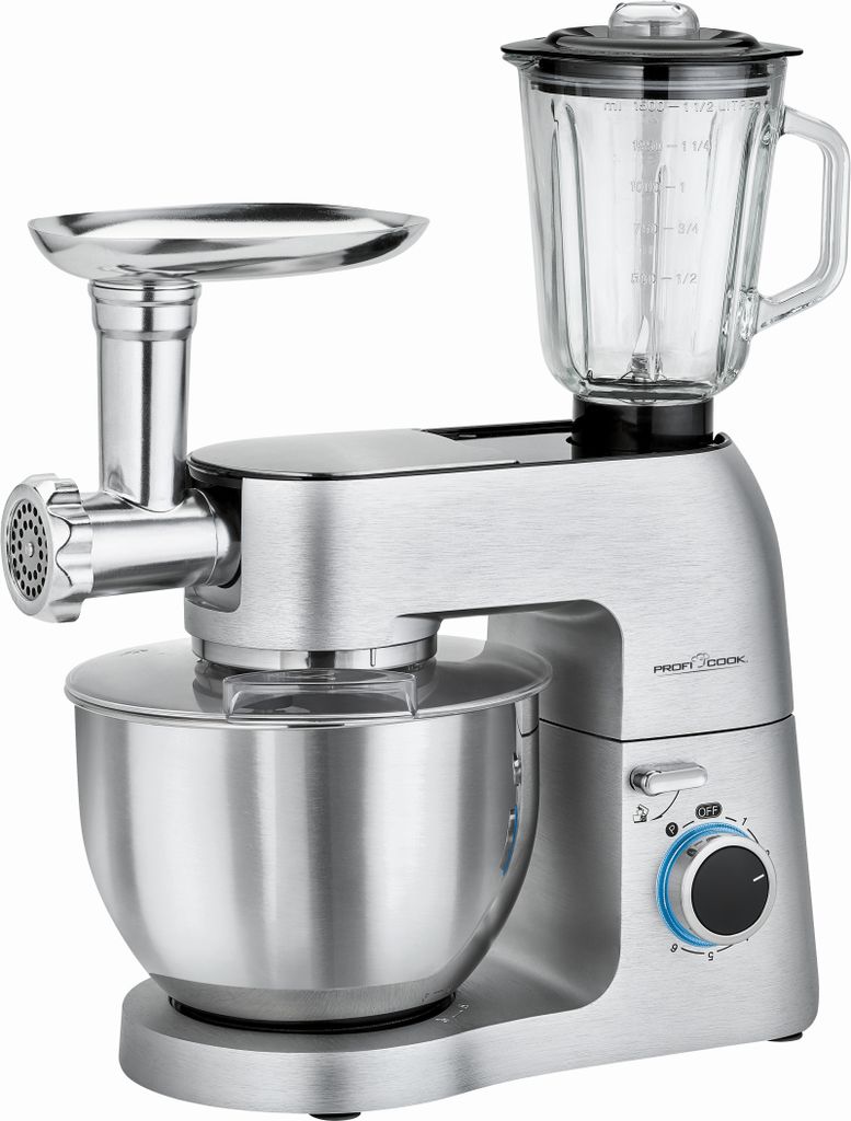A silver and black multi-functional kitchen appliance with a stand mixer bowl, a meat grinder attachment, and a blender jug. The appliance is shown on a white background.