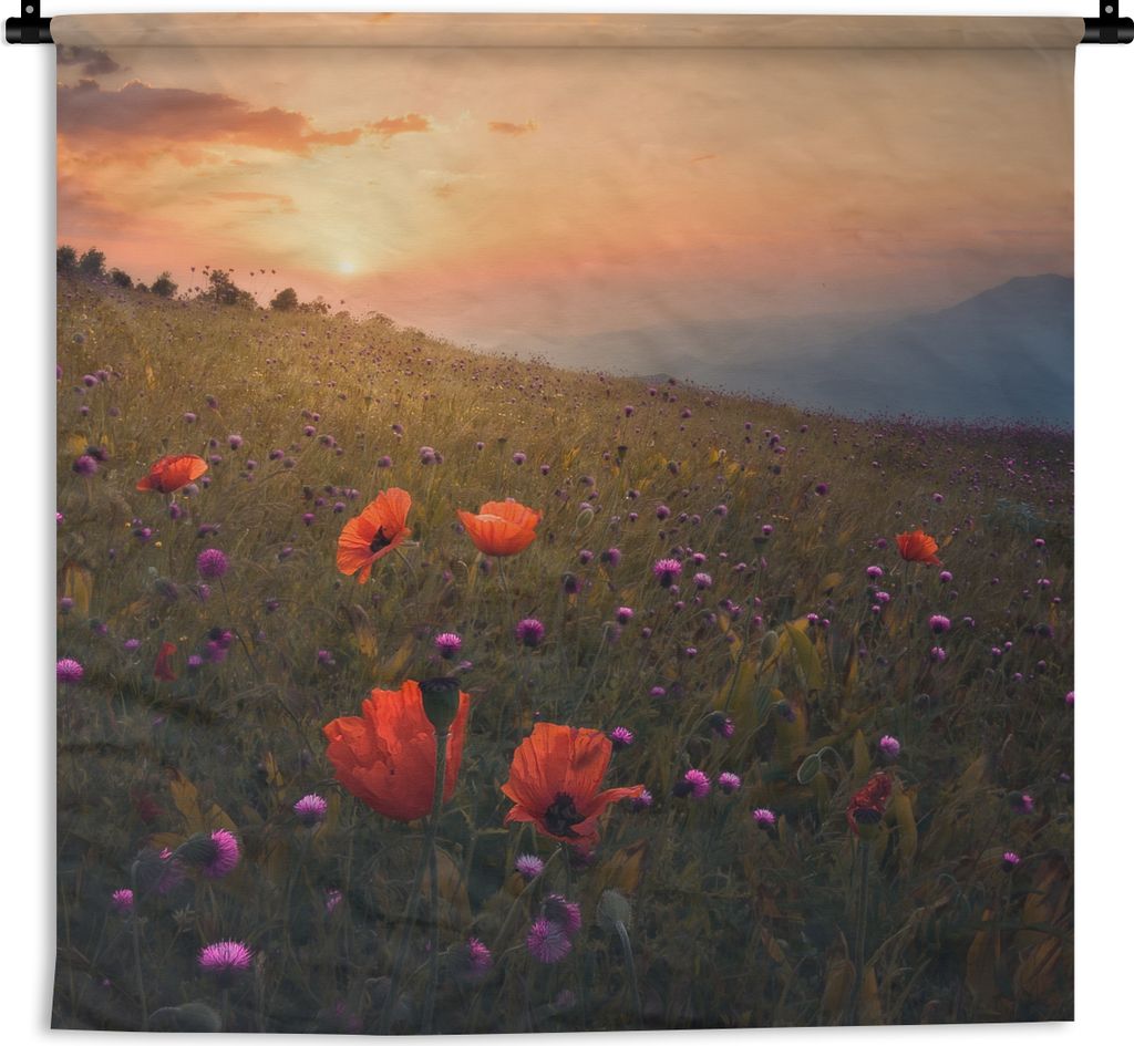 MuchoWow Wandteppich Wandbehang Blumenfeld - Gras - Pflanzen - Sonnenuntergang - Orange 60x60 cm Tapisserie Dekoration Wandtuch - Dekorationen - ...