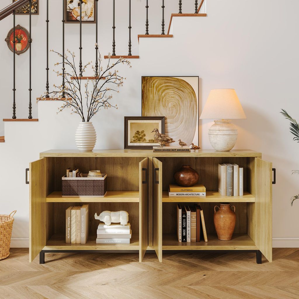 ProximaX Vintage Anrichte im Landhausstil mit 4 Türen und großzügigem Stauraum für Küche oder Esszimmer, Massivholz-Optik, Natur