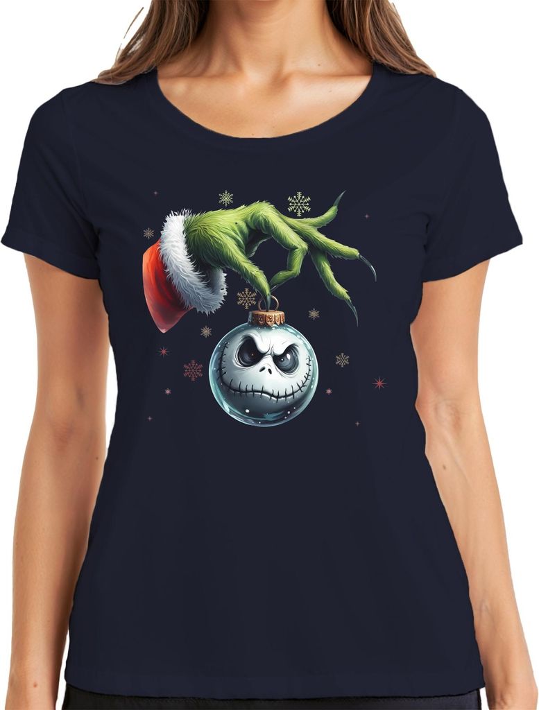 Grinch Hand Jack Skellington Weihnachtskugel düster Retro Damen T-Shirt, Navy, L