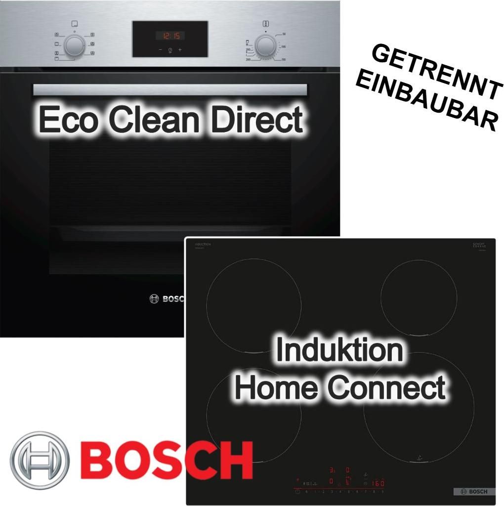 BOSCH Backofenset Einbau Backofen 66 Liter 3D Heißluft EcoCleanDirect Induktionskochfeld HomeConnect Schwarz