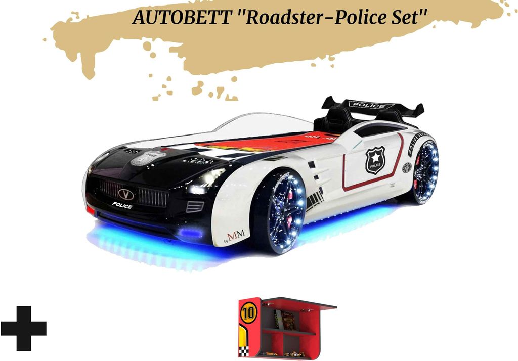 Autobett Kinderbett "Roadster Police" LED Sound Sportsitze Lattenrost Spoiler 90x190 cm inkl. Wandregal