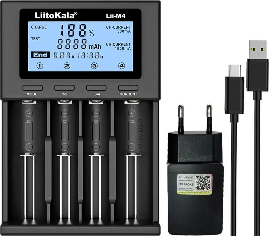 LiitoKala Lii-M4 Caricabatterie Universale 18650 26650 AA AAA + Alimentatore