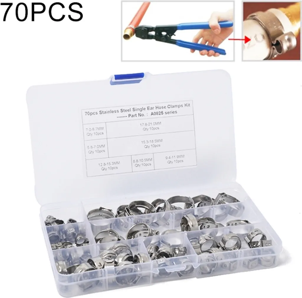70 PCS Maniglia regolabile monouso più morsetti per tubi idraulici in acciaio inox O-Clip Tubo aria carburante, gamma di diametro interno: 5,8-21 mm