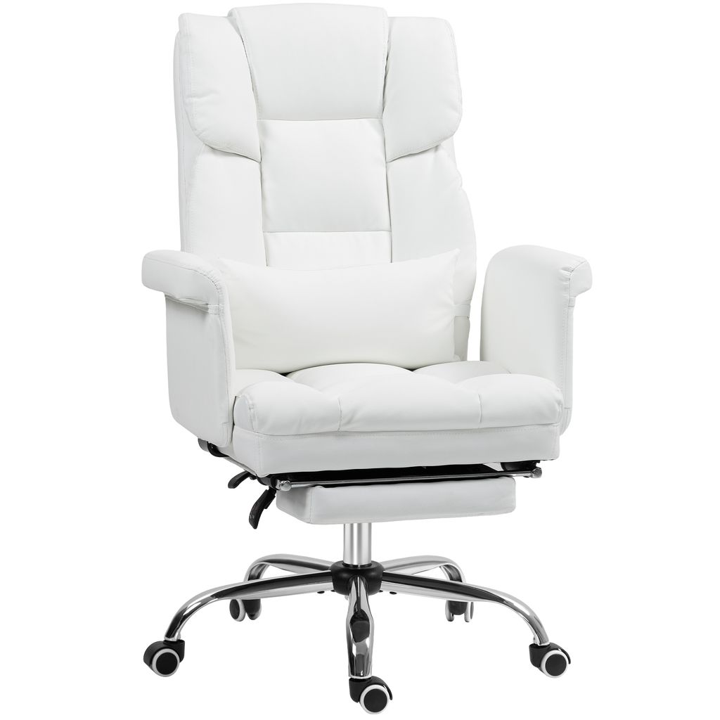 A white office chair with a headrest and footrest is shown against a white background.