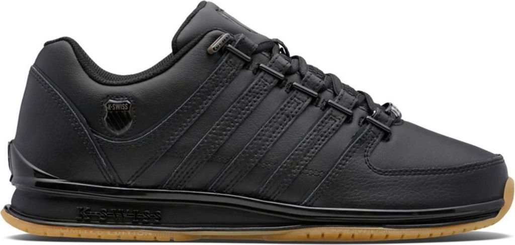 A studio shot of a black K-Swiss sneaker with a gum sole.