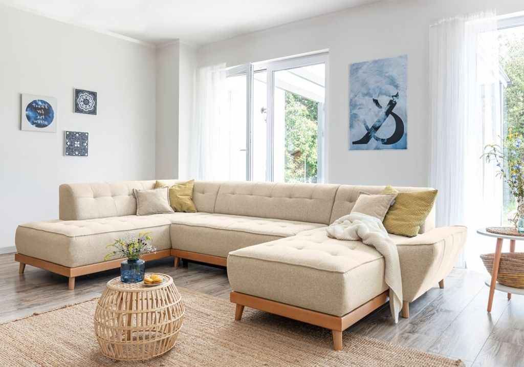 MIUFORM Dazzling Daisy - Ecksofa mit Bettfunktion und Bettkasten U-FORM LINKS - 330x190cm - Beige - Sofa Schlafsofa Couch