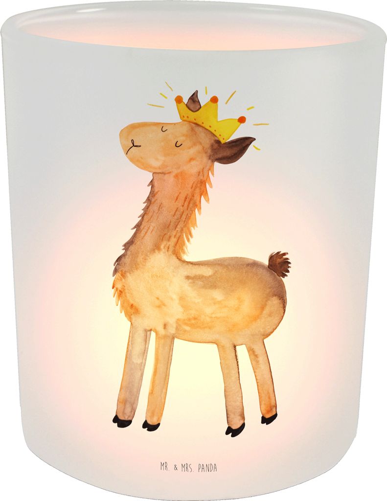 Mr. & Mrs. Panda Windlicht aus Glas Lama König - Transparent - Geschenk, Kollegin, Lamas, Mama, Abitur, Papa, Kerzenhalter, Teelichthalter