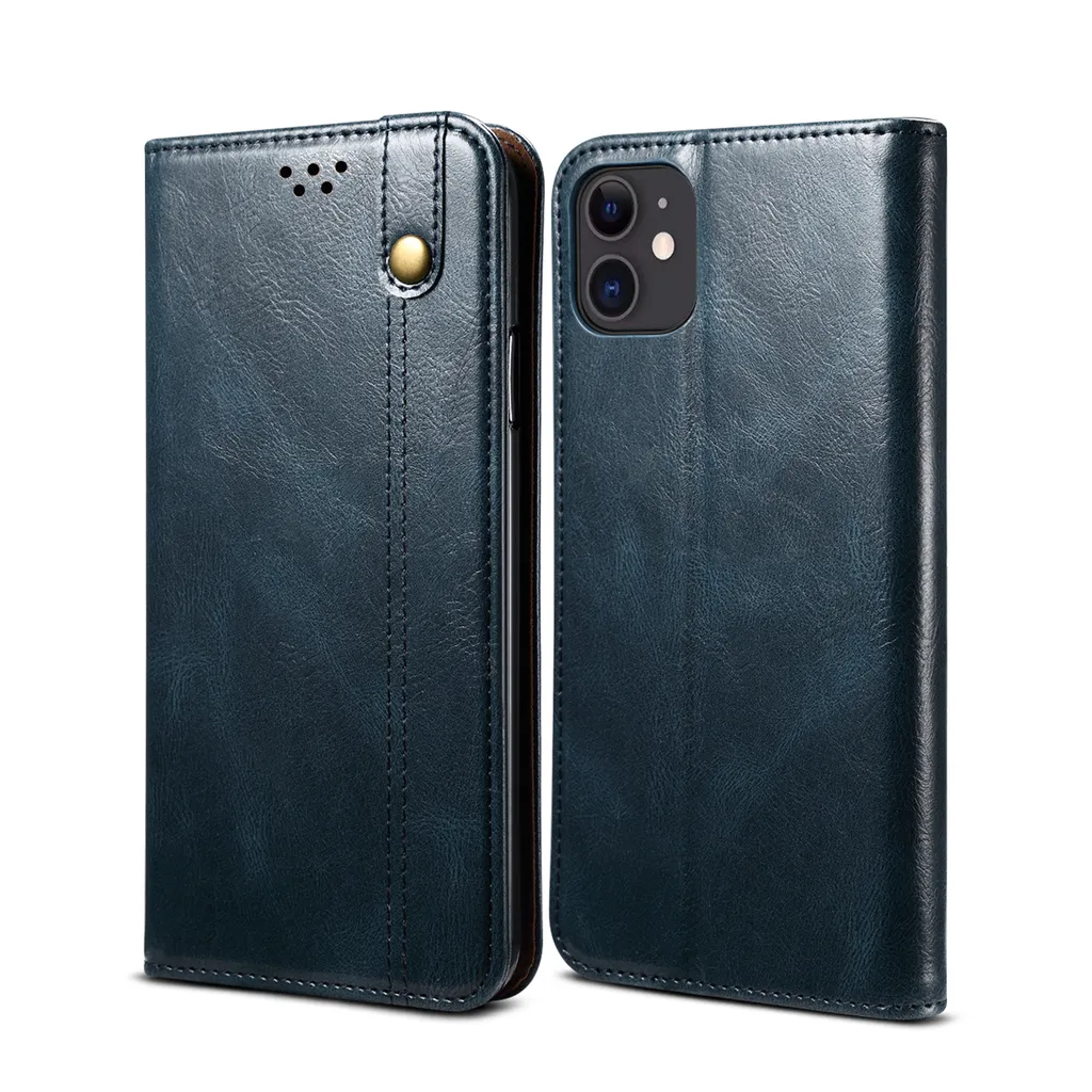 Custodia per iPhone 12, custodia flip in pelle con funzione di supporto blu