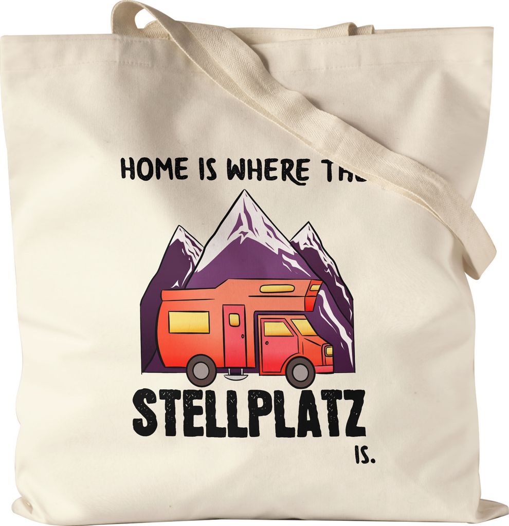 Camping Beutel mit Spruch Home is where the Stellplatz is Geschenk für Camper Wohnmobil Womo Jutebeutel Stoffbeutel Canvas