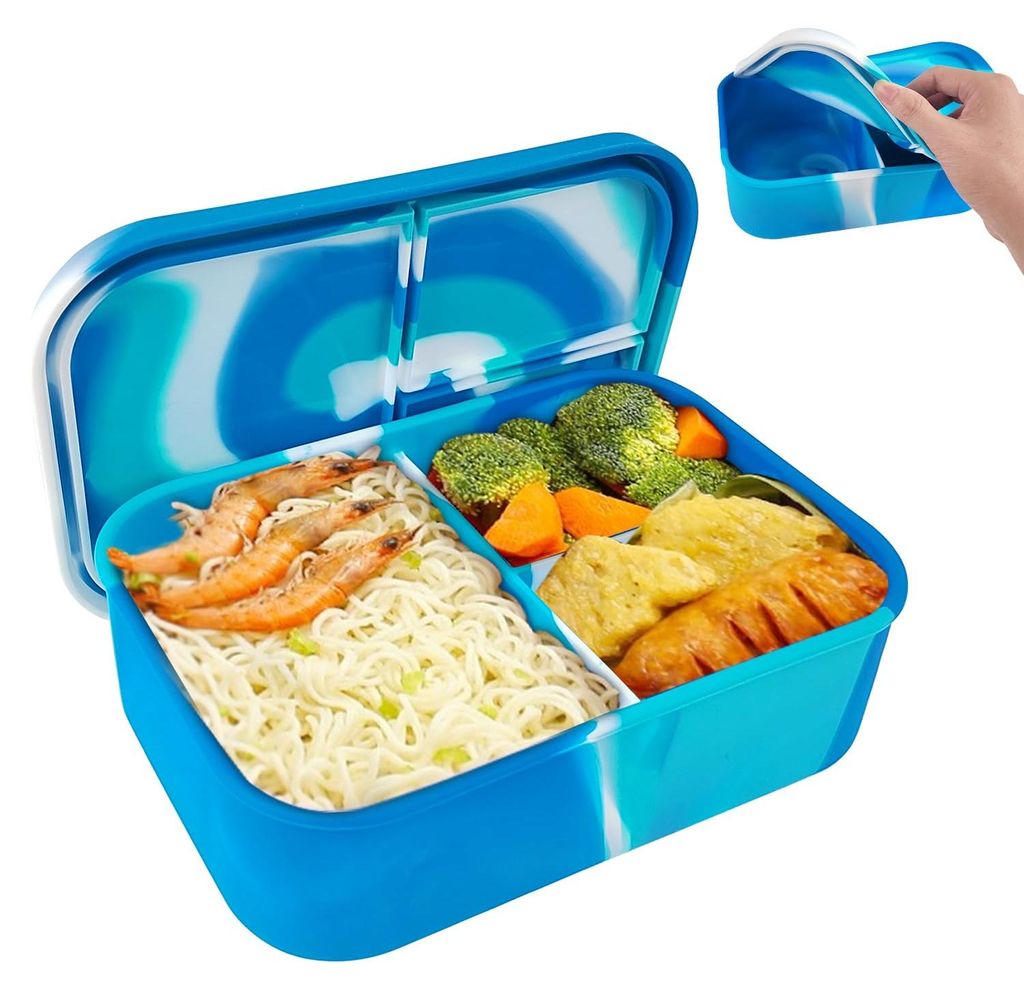 Silikon-Lunchbox 1200 ml, Kinder-Lunchbox mit Fächern, BPA-freie Silikon-Bento-Box mit Batikmuster, Silikon-Lunchbox für Schule, Picknicks, Mädc...