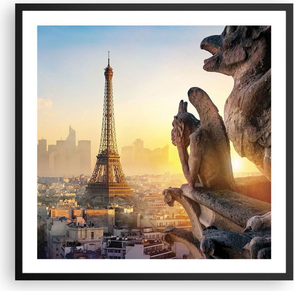 Gerahmtes Poster - Schwarzer Rahmen - Wasserspeier Turm Eiffel - 60x60 cm - Wand Bild - Wanddeko - Wandbilder - Kunstposter - Wandposter - Bilderra...