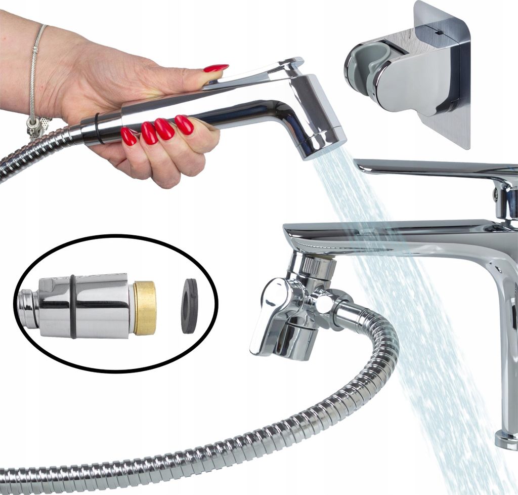 A hand holding a bidet shower head with water spraying, connected to a faucet via a hose. A mounting bracket is also visible.