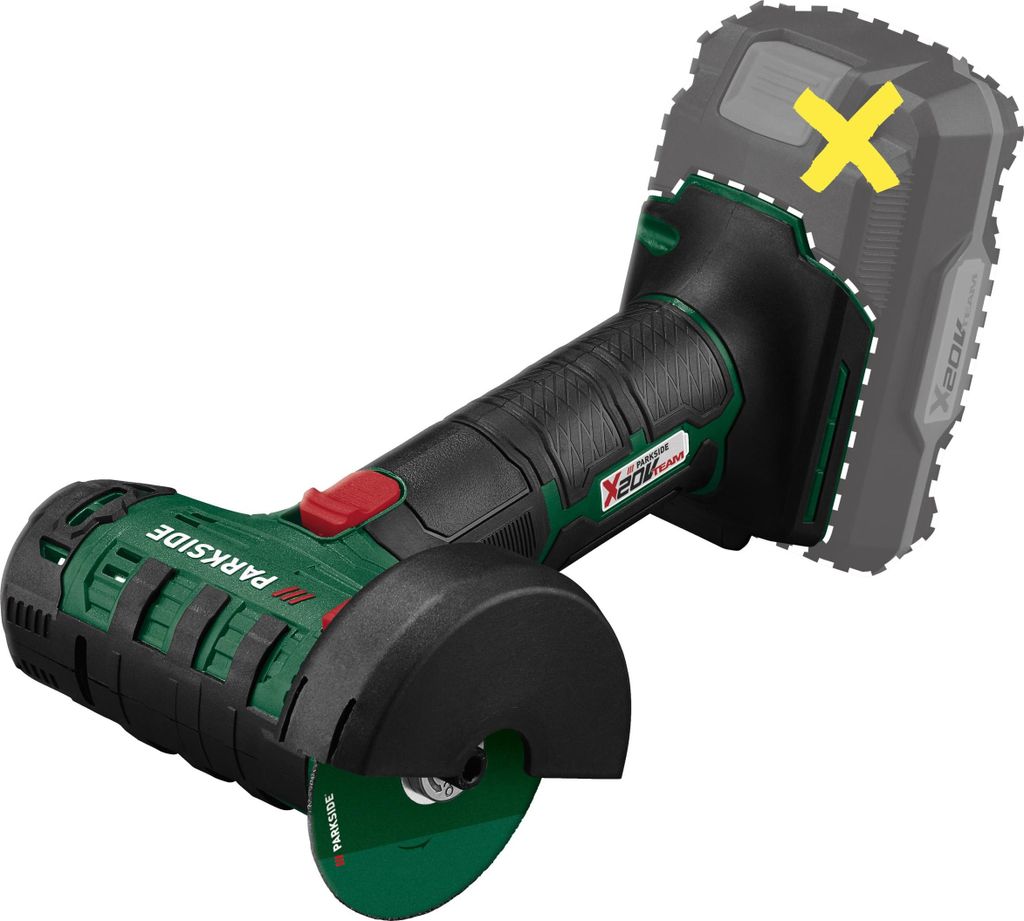 A cordless angle grinder with a battery pack shown in a dashed outline.
