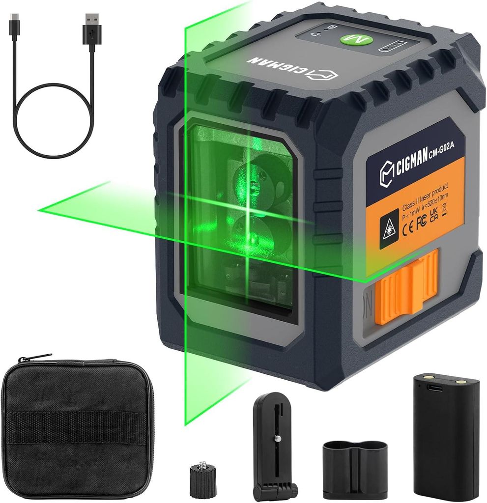 CIGMAN CM-G02A Kreuzlinienlaser Grün 30m, Selbstnivellierend, USB-C Akku