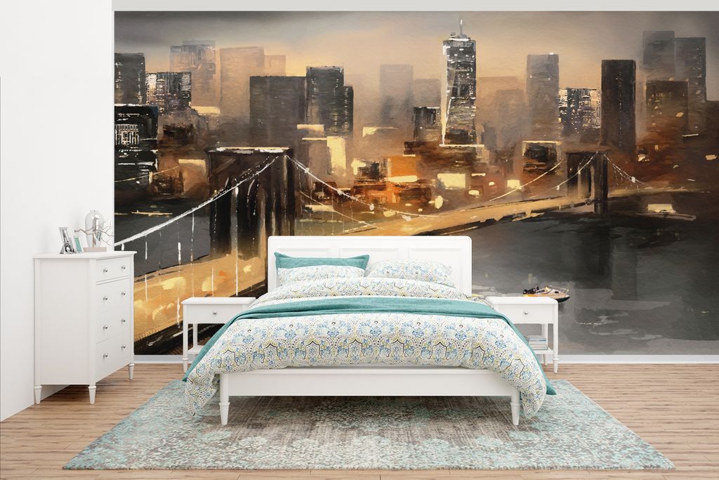 MuchoWow Fototapete für Wohnzimmer oder Schlafzimmer Wandtapete Vinyl Motivtapete Gemälde - Öl - Skyline - Stadt - Wasser - 395x220 cm - Tapez...