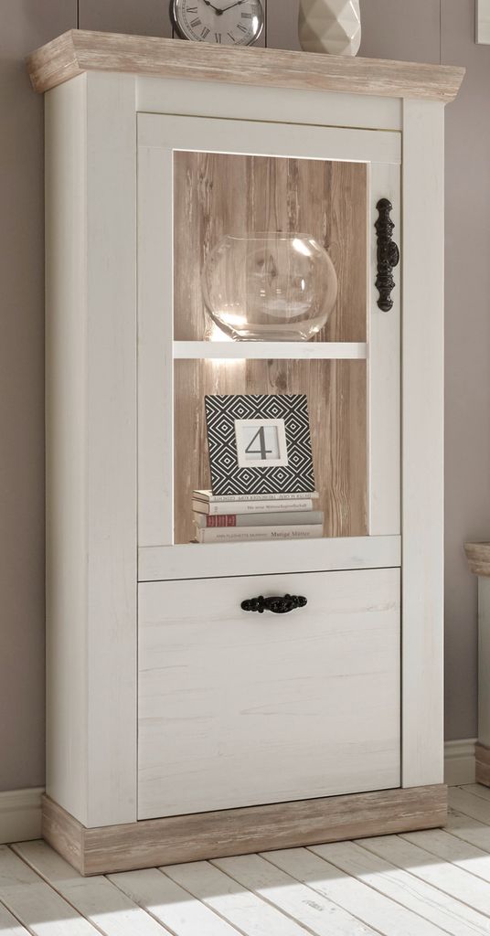 Vitrine "Rovola" Pinie weiß / Oslo Pinie Landhaus Vitrinenschrank 71 x 146 cm