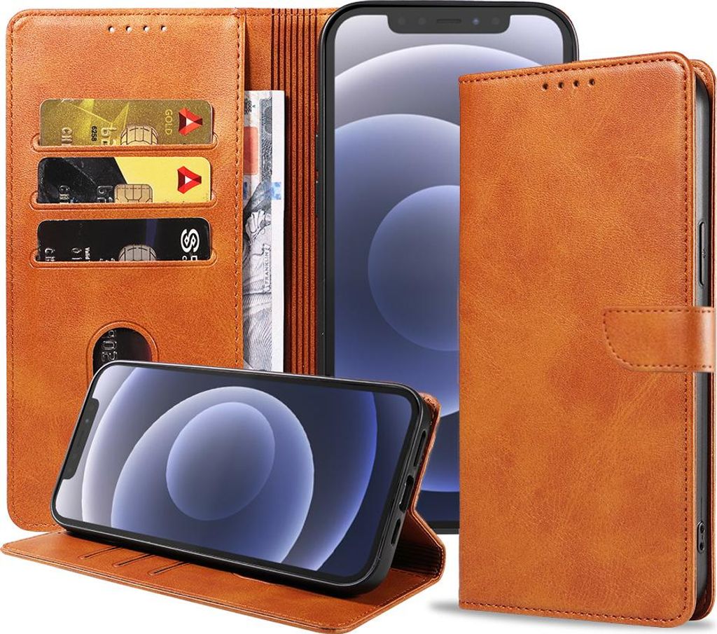 Geschikt voor iPhone 12/12 Pro Telefoonhoesje Kunstleer met Magnetisch lipje en Pasjeshouder Book Case met Klepje - Bruin - Smartphonica