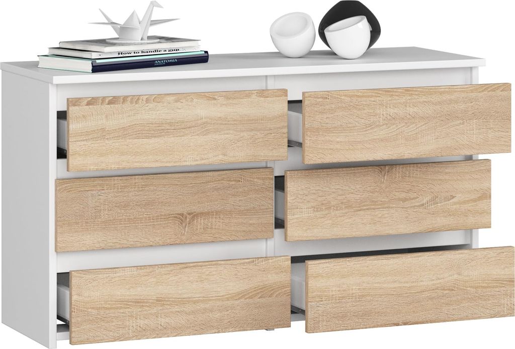 BDW, Kommode, 6 Schubladen, 100x57, Schrank, Sideboard, Weiss / Eiche Sonoma