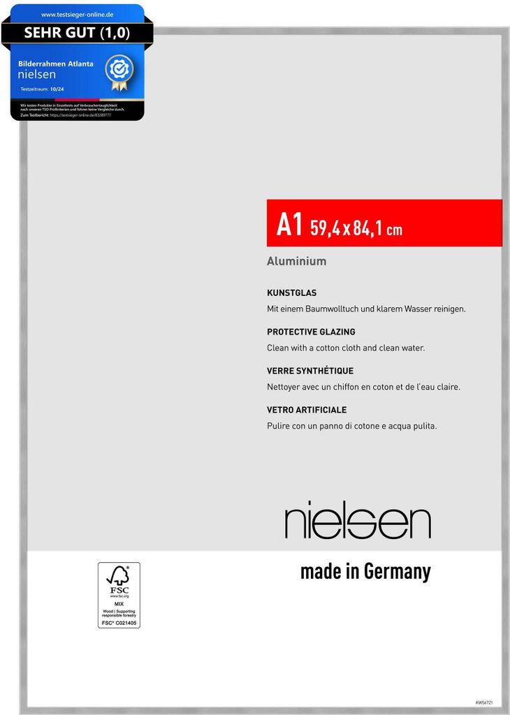 A product information sheet for a Nielsen aluminum picture frame.