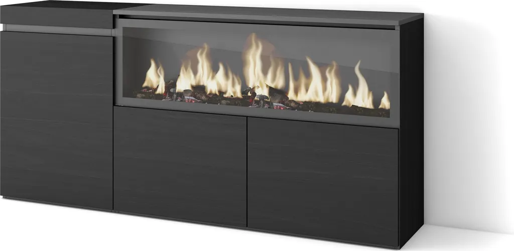 Buffet Rangement Salon 158cm Noir et Cheminée Électrique pour Ambiance