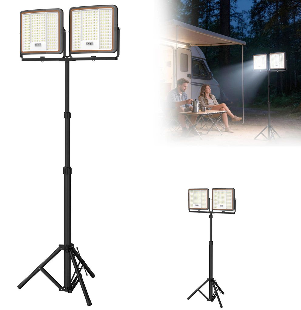 LZQ LED Baustrahler 2×100W mit Stativ, 8000 Lumen, Kaltweiß, IP66 Wasserdicht, 360° Drehbar, Dimmbar Arbeitsleuchte Fluter für Garage, Werkstat...
