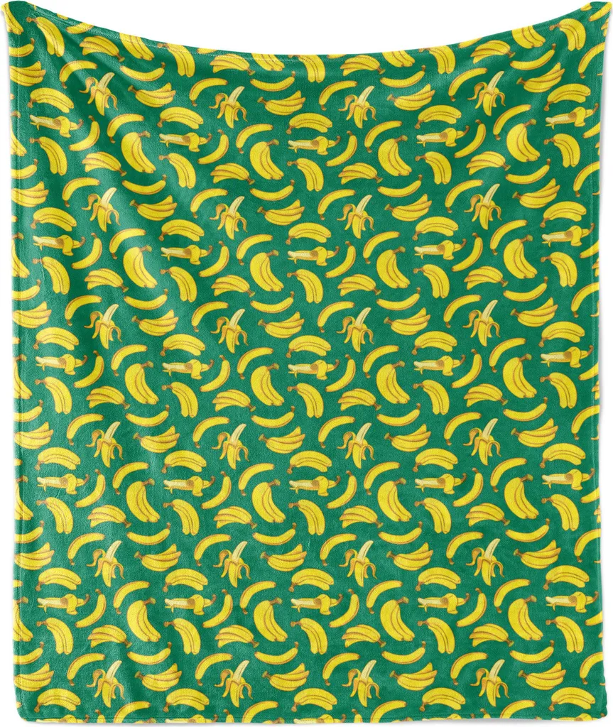 ABAKUHAUS Coperta in morbido pile flanella con motivo frutta, stampa banane fresche e salutari, morbida e confortevole per interni ed esterni, 125 x 175 cm, giallo scuro